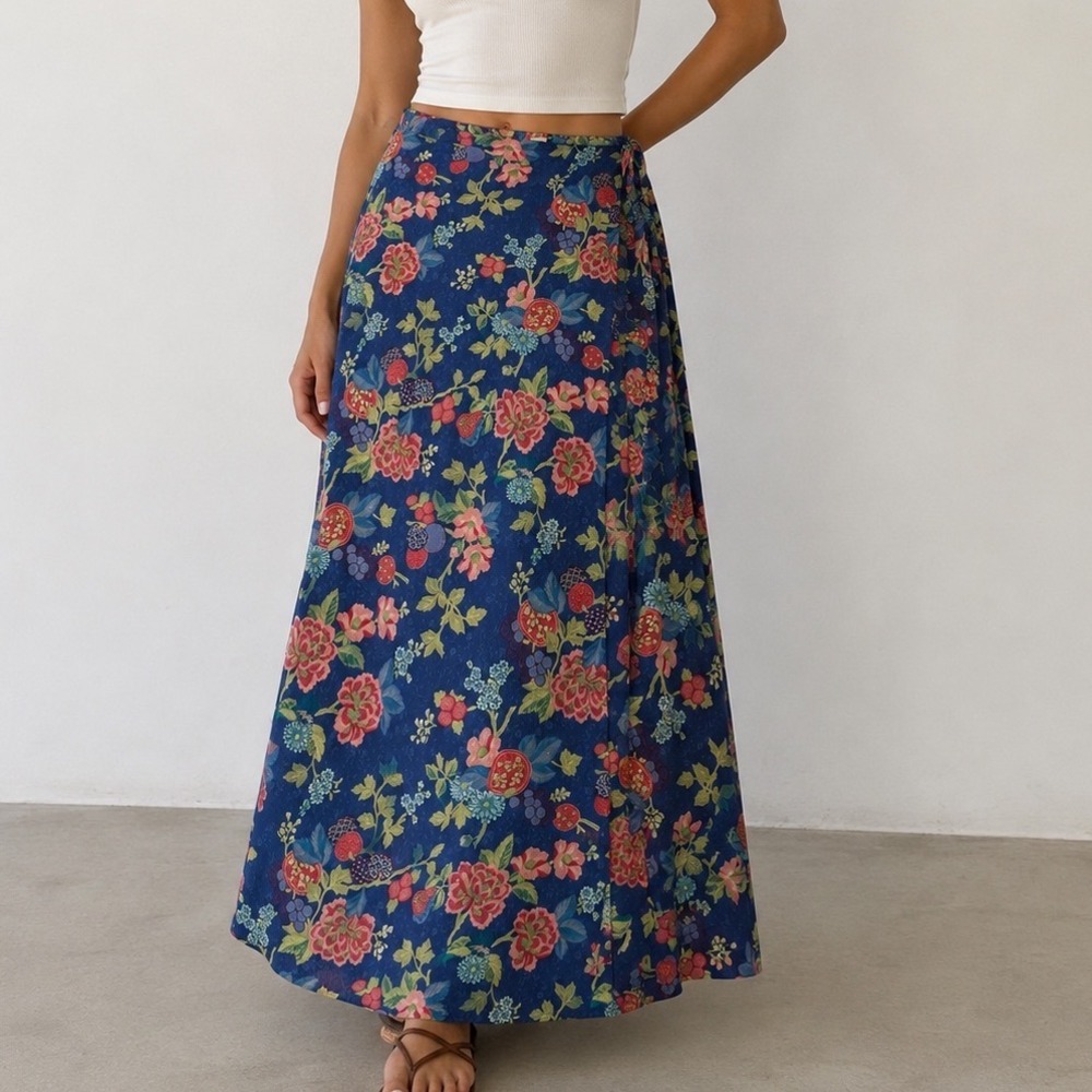 Appleseeds Blue Floral Fruit Print Maxi Wrap‎ Skirt Botanical Cottagecore 14 k3